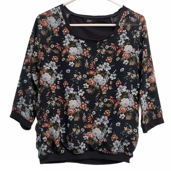 DH3 Floral Sheer Sleeve Crewneck Top - Picture 1 of 12
